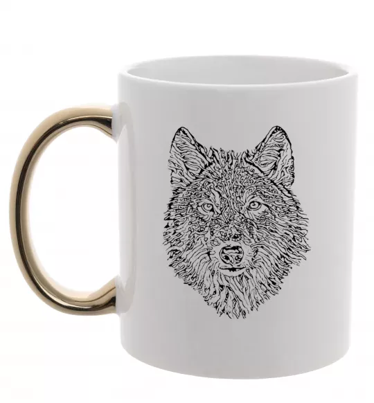 Чашка з кольоровою ручкою Wolf face curves Золото фото