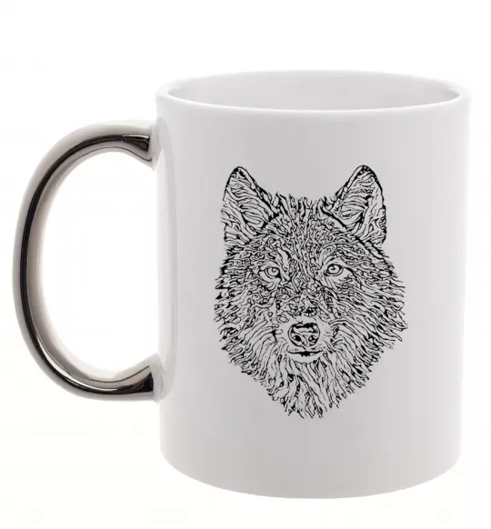 Чашка з кольоровою ручкою Wolf face curves Срібло фото