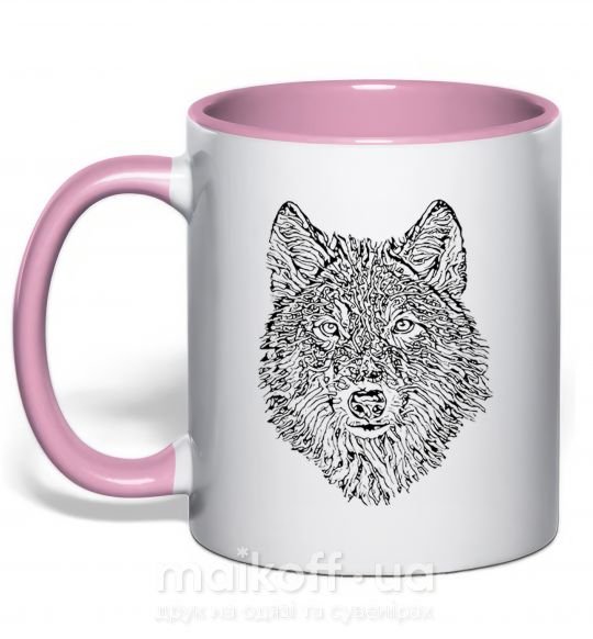 Чашка з кольоровою ручкою Wolf face curves Ніжно рожевий фото