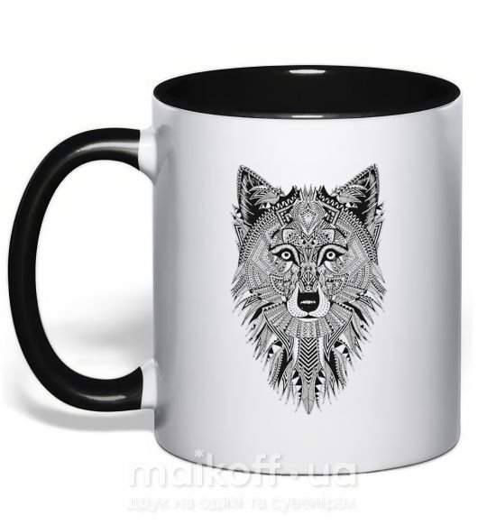 Чашка з кольоровою ручкою Wolf etnic Чорний фото