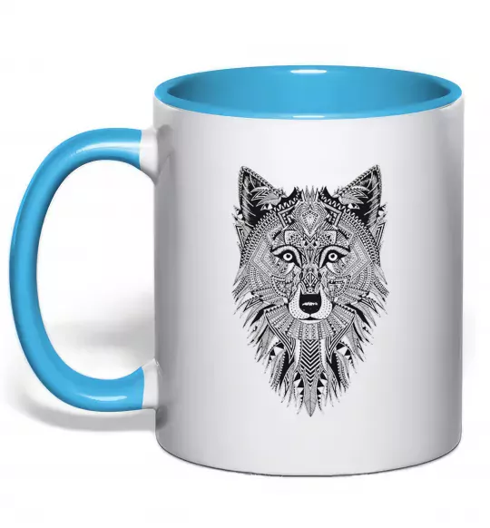 Чашка з кольоровою ручкою Wolf etnic Блакитний фото