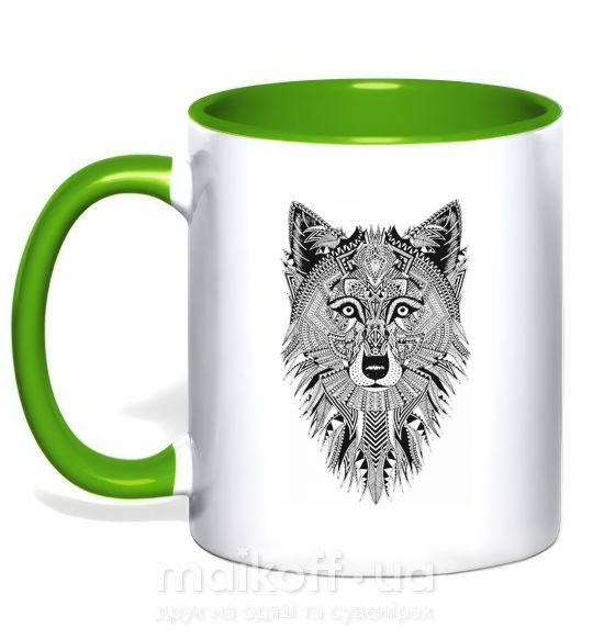 Чашка з кольоровою ручкою Wolf etnic Зелений фото