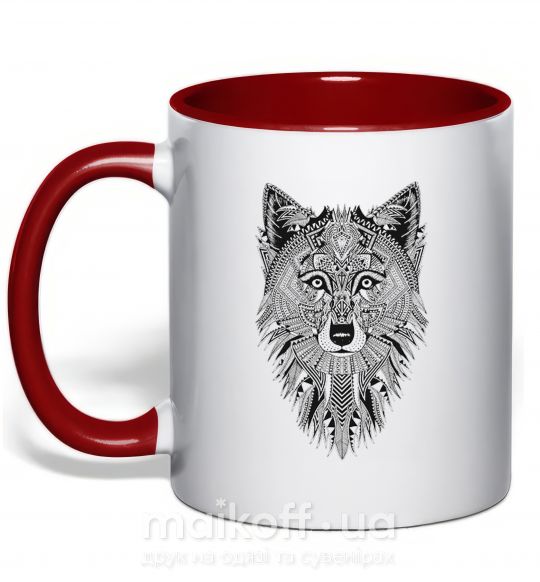 Чашка с цветной ручкой Wolf etnic Красный фото