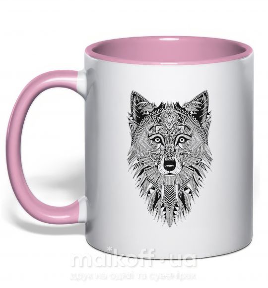 Чашка з кольоровою ручкою Wolf etnic Ніжно рожевий фото