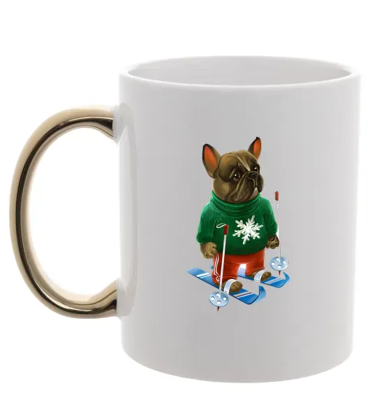 Чашка с цветной ручкой Бульдог на лижах Золото фото