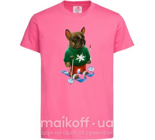 Детская футболка Бульдог на лыжах Ярко-розовый фото