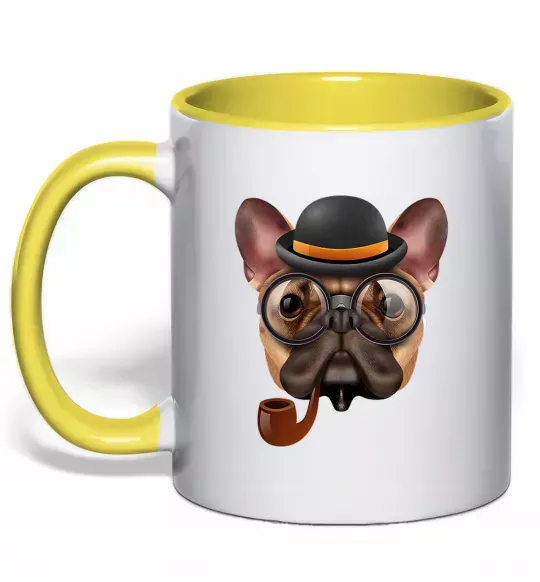 Чашка з кольоровою ручкою Бульдог з сигарою Сонячно жовтий фото