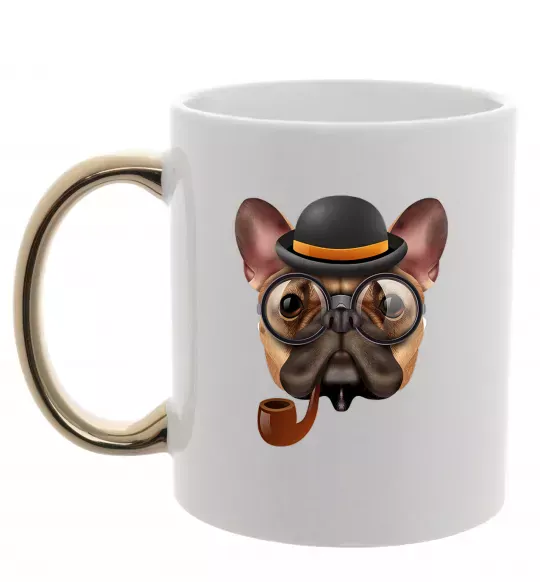 Чашка з кольоровою ручкою Бульдог з сигарою Золото фото