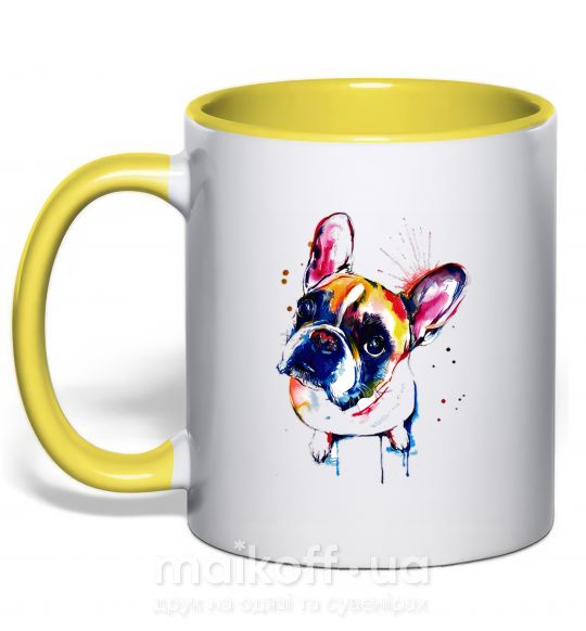 Чашка з кольоровою ручкою Рисунок бульдога Сонячно жовтий фото