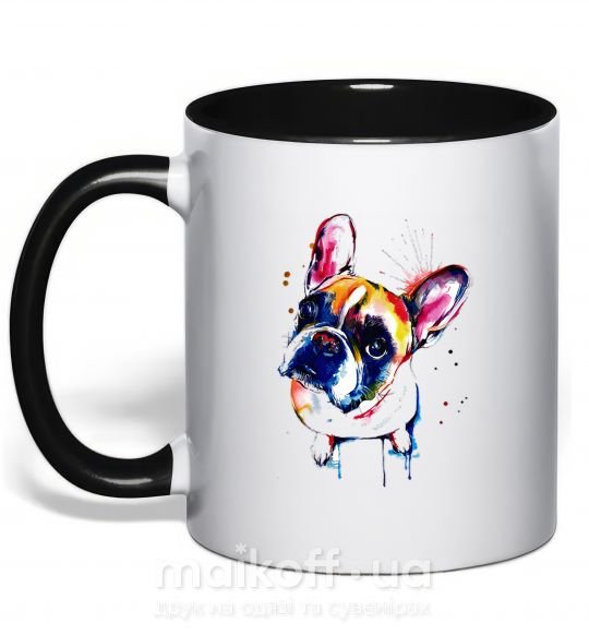 Чашка з кольоровою ручкою Рисунок бульдога Чорний фото