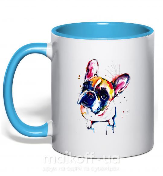 Чашка з кольоровою ручкою Рисунок бульдога Блакитний фото