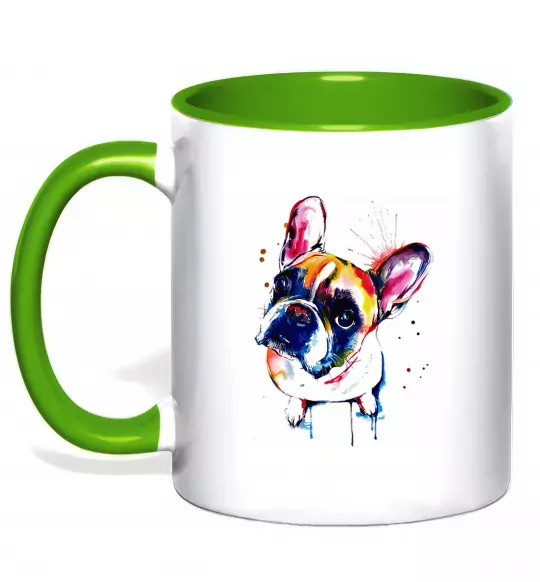 Чашка з кольоровою ручкою Малюнок бульдог Зелений фото