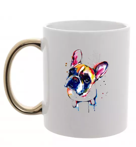 Чашка з кольоровою ручкою Малюнок бульдог Золото фото