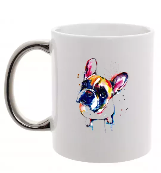 Чашка з кольоровою ручкою Малюнок бульдог Срібло фото