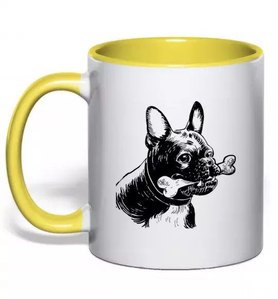Чашка з кольоровою ручкою Бульдог з кісткою Сонячно жовтий фото