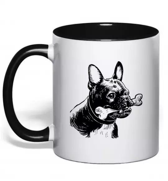 Чашка з кольоровою ручкою Бульдог з кісткою Чорний фото