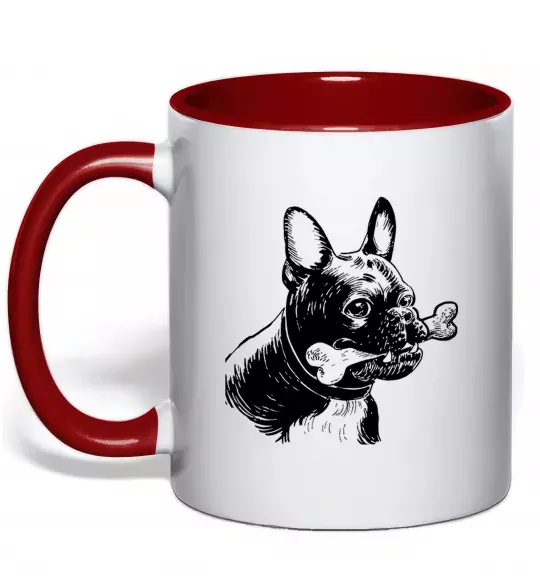 Чашка з кольоровою ручкою Бульдог з кісткою Червоний фото