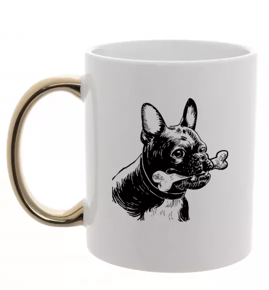 Чашка з кольоровою ручкою Бульдог з кісткою Золото фото