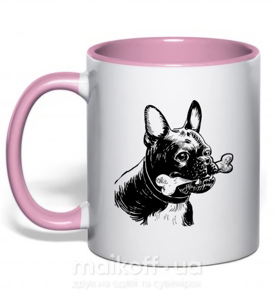 Чашка с цветной ручкой Бульдог с косточкой Нежно розовый фото