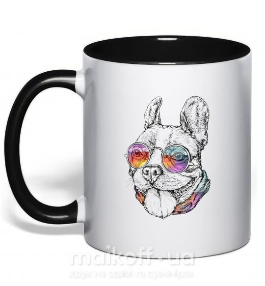 Чашка з кольоровою ручкою Hippie bulldog Чорний фото