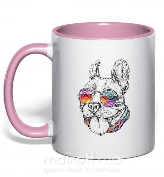 Чашка з кольоровою ручкою Hippie bulldog Ніжно рожевий фото