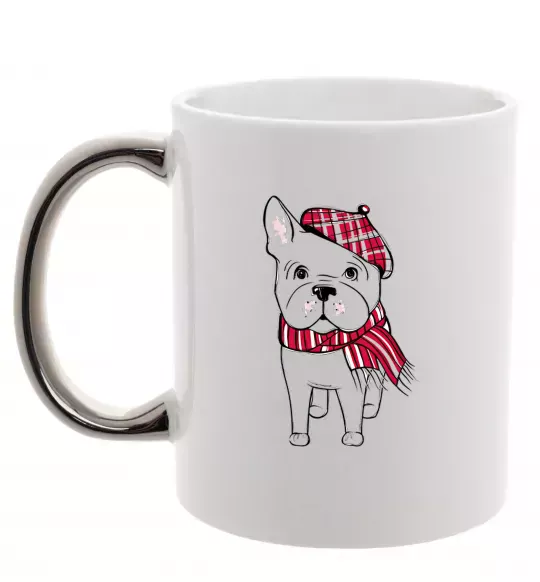 Чашка з кольоровою ручкою Бульдог в шарфі Срібло фото