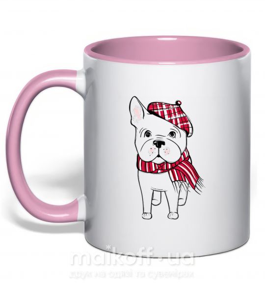 Чашка с цветной ручкой Бульдог в шарфике Нежно розовый фото