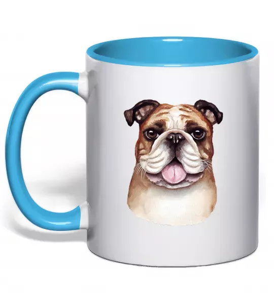 Чашка с цветной ручкой Малюнок акварелю бульдог Голубой фото