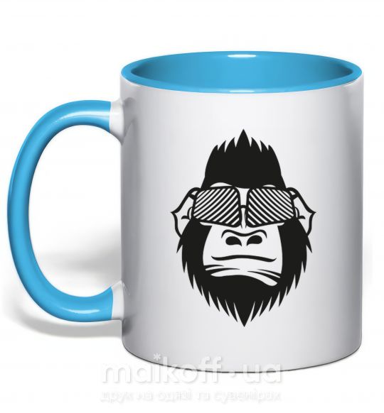 Чашка з кольоровою ручкою Gorilla in glasses Блакитний фото
