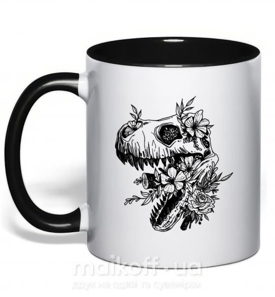 Чашка з кольоровою ручкою T-Rex skull in flowers Чорний фото