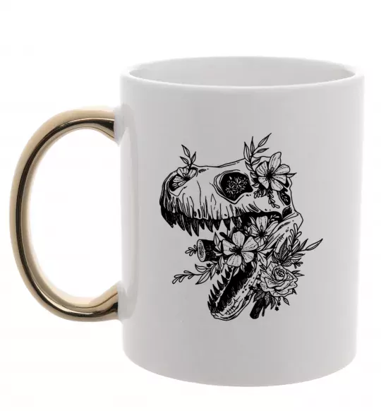 Чашка з кольоровою ручкою T-Rex skull in flowers Золото фото