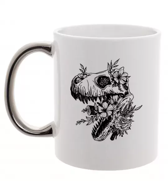 Чашка з кольоровою ручкою T-Rex skull in flowers Срібло фото