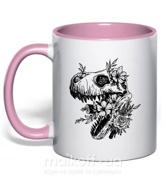 Чашка з кольоровою ручкою T-Rex skull in flowers Ніжно рожевий фото