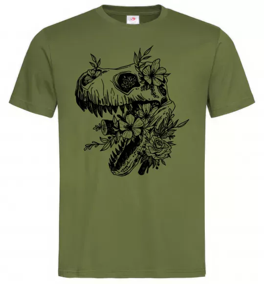 Мужская футболка T-Rex skull in flowers Оливковый фото