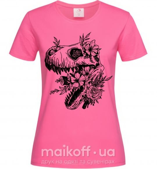 Жіноча футболка T-Rex skull in flowers Яскраво-рожевий фото