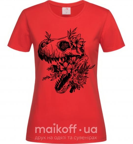 Женская футболка T-Rex skull in flowers Красный фото