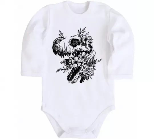 Детский боди T-Rex skull in flowers Белый фото