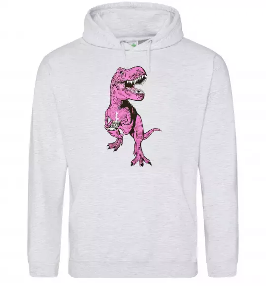 Женская толстовка (худи) Динозавр з чашкою кави Серый меланж фото