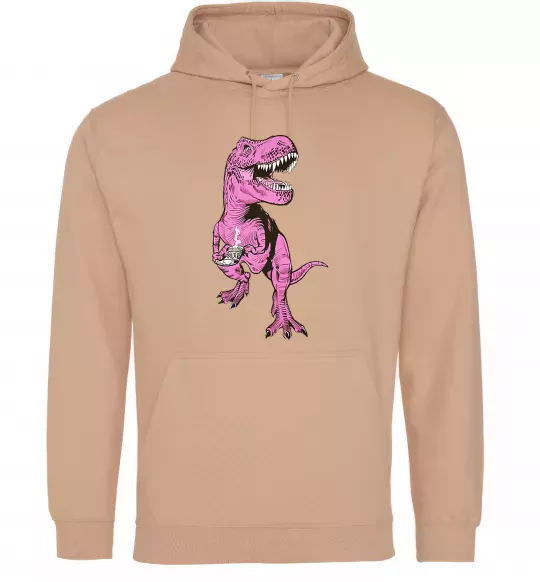 Женская толстовка (худи) Динозавр з чашкою кави Песочный фото