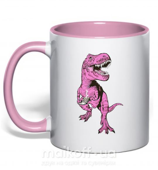 Чашка з кольоровою ручкою Динозавр с чашкой кофе Ніжно рожевий фото