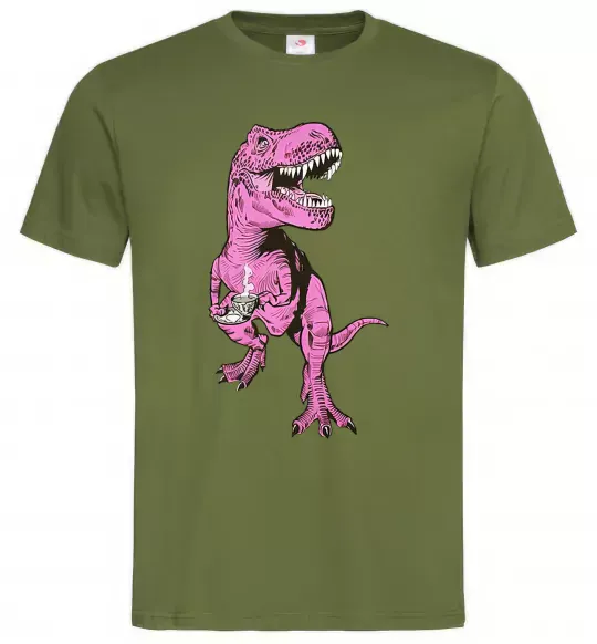 Мужская футболка Динозавр з чашкою кави Оливковый фото