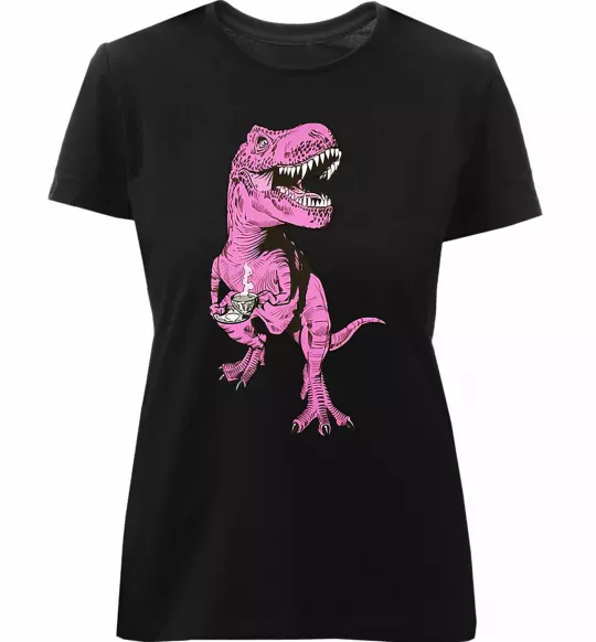 Женская премиум футболка Динозавр з чашкою кави Черный фото