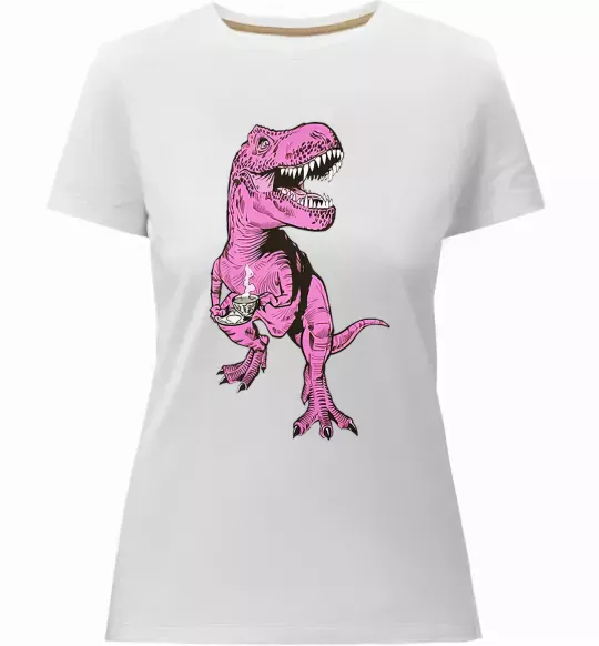 Женская премиум футболка Динозавр з чашкою кави Белый фото