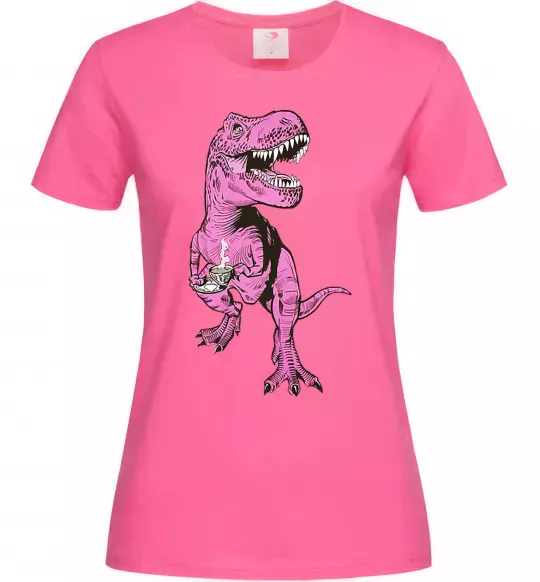 Жіноча футболка Динозавр з чашкою кави Яскраво-рожевий фото
