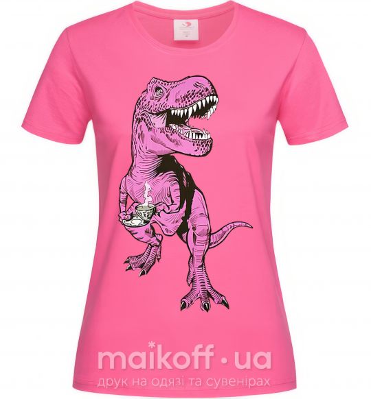 Жіноча футболка Динозавр с чашкой кофе Яскраво-рожевий фото
