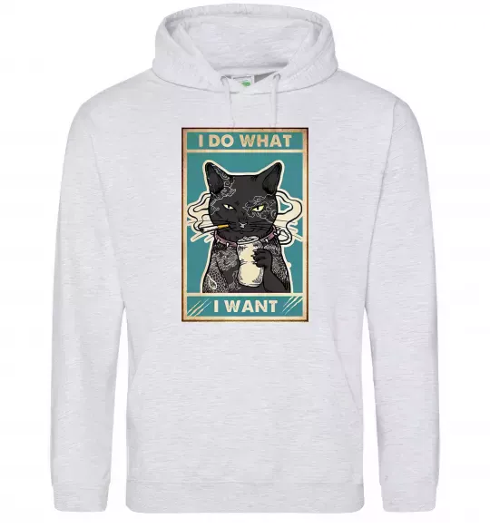 Мужская толстовка (худи) Cat I do what I want Серый меланж фото