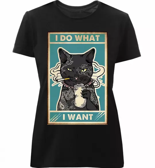 Жіноча преміум футболка Cat I do what I want Чорний фото