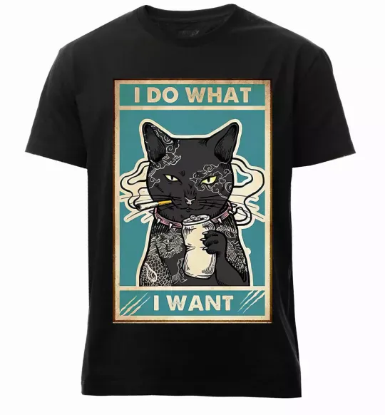 Чоловіча преміум футболка Cat I do what I want Чорний фото