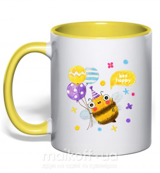 Чашка з кольоровою ручкою Bee happy Сонячно жовтий фото