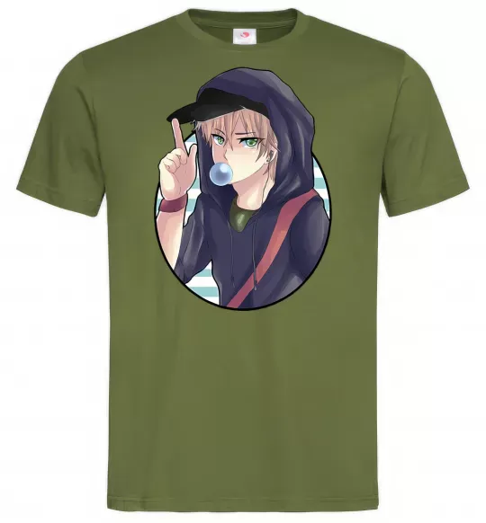 Мужская футболка Boy with bubble gum Оливковый фото